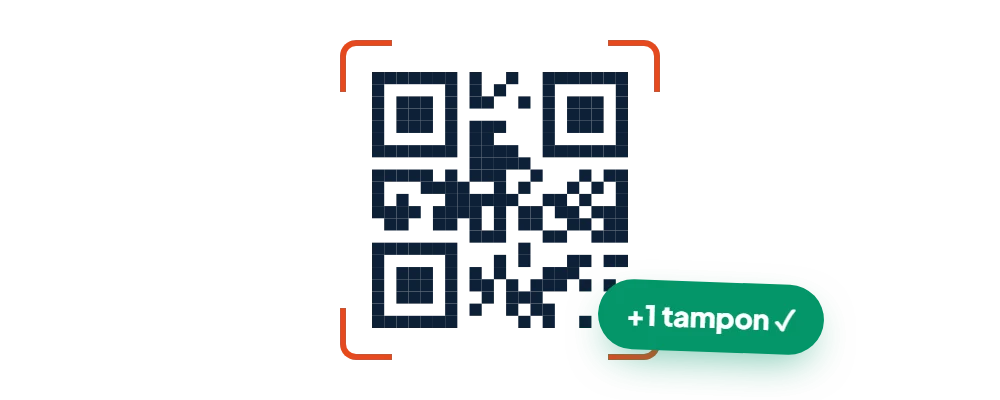 Scan de la carte au comptoir : viseur sur le QR et confirmation +1 tampon